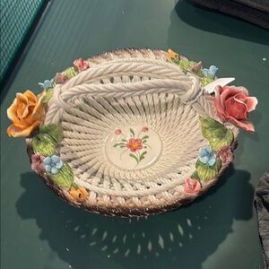 Floral Ceramic Basket with Handle